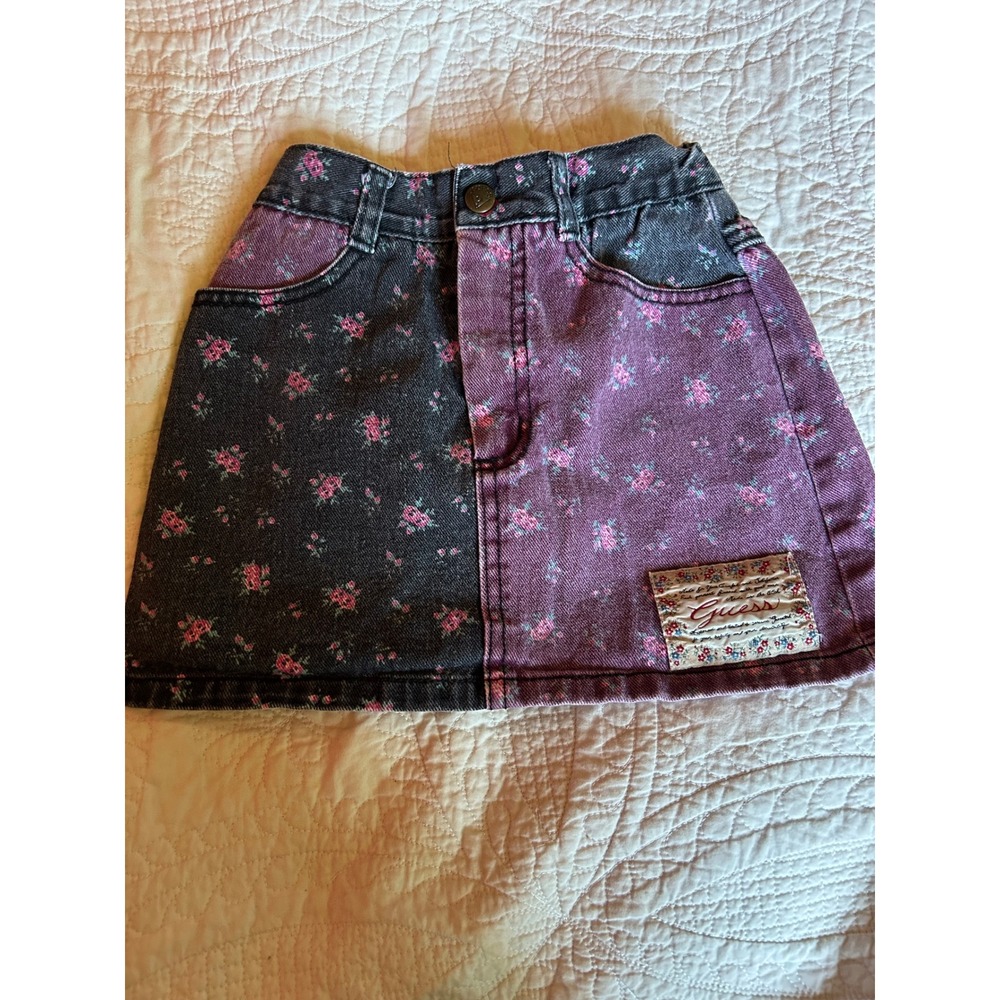 Vintage Baby Guess‎ Georges Marciano Floral Denim Skirt 4T Black Purple 90s USA